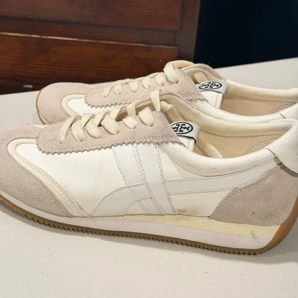 Tory Burch Hank Sneaker Snow White Beige Suede Leather Lace Up Women 9.5 - Picture 11 of 12